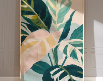 Puede incluir: Una pintura enmarcada de hojas tropicales en tonos de verde, rosa y blanco. Las hojas están pintadas en un estilo estilizado y abstracto.