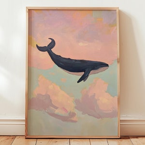 whale painting | preppy whimsical pastel wall art | pink decor | clouds print | kid's room poster | whale and clouds | gift for animal lover