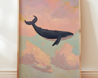 whale painting | preppy whimsical pastel wall art | pink decor | clouds print | kid's room poster | whale and clouds | gift for animal lover