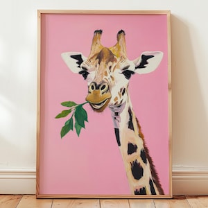 lindo cartel de jirafa | Decoración caprichosa para guardería de animales | Estética bohemia rosa lúdica | Impresión de arte animal divertida y genial | Arte de pared para habitación infantil