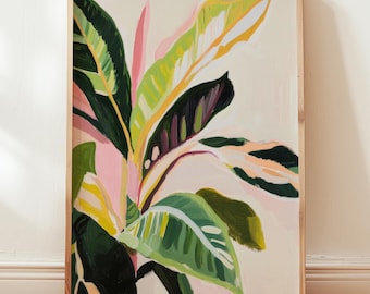 modern botanical poster | minimalist calathea leaf painting | pastel green & pink decor | gift for nature lovers | urban jungle decor