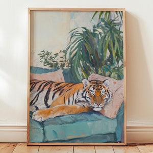 tiger poster | tiger painting | retro wall art | vintage tiger art print | tiger on sofa | whimsical decor | bedroom print