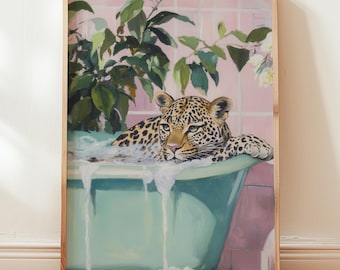 leopard posters | bathroom decor | leopard in bathtub | trendy leopard bathroom wall art | funny whimsical art print | animal print