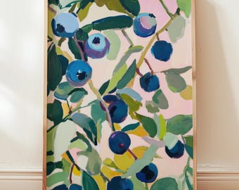 May include: A framed art print featuring a vibrant painting of blueberries on a branch. The artwork showcases a mix of blue, green, and pink hues, with a wooden frame. The painting has a modern, abstract style, perfect for home decor.