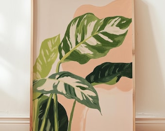 Puede incluir: Una impresión enmarcada de una pintura que presenta una gran hoja verde y blanca con un fondo rosa.