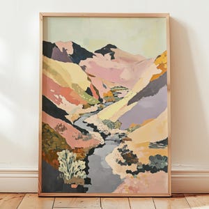 cartel de montaña abstracta | arte de pared de paisaje moderno | Decoración de sala de estar inspirada en la naturaleza |  Decoración natural contemporánea en tonos pastel terrosos