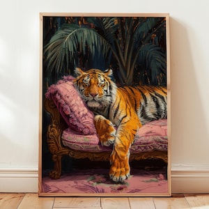 Tiger on sofa art print | tiger posters | digital downloads | 4 ratios