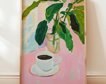 poster minimalista rosa espresso e botanico | natura morta astratta con caffè per cucine moderne | decorazione da parete con effetto dopamina espresso