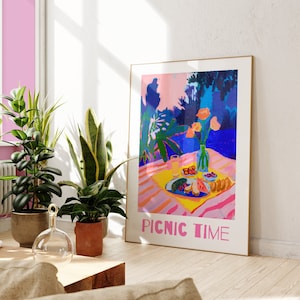 Cartel de picnic | impresión de arte alimentario ? arte de la pared de la cocina | decoración de dopamina | rosa pósters | arte de neón | marco de madera opcional
