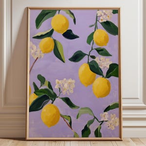citroenen kunstprint | moderne preppy botanische keukenposter | citrusvruchten wandkunst | voedseldopamine decoratie | grillige lila en gele esthetiek