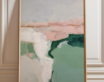 Könnte beinhalten: Abstrakte Landschaftsmalerei in einem Holzrahmen. Das Kunstwerk zeigt eine Mischung aus Farben, darunter hellrosa, grün, weiß und grau. Das Gemälde hat ein strukturiertes Aussehen mit sichtbaren Pinselstrichen. Der Rahmen ist hellbraun und das Kunstwerk wird vor einer weißen Wand ausgestellt.