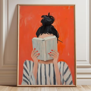 reading woman art print | book poster | feminine cozy wall art | bold orange art print | abstract contemporary portrait art | autumn print