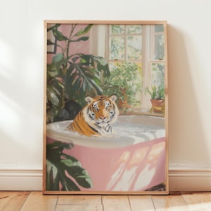 tiger posters | tiger in bathtub print | whimsical decor | quirky bathroom wall art | pastel bathroom print | gift for tiger lovers