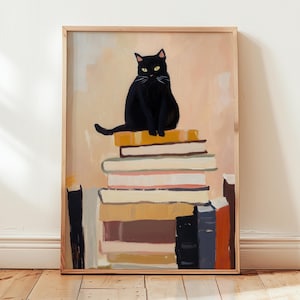 poster di libri | poster di gatti | gatto seduto sui libri stampa artistica | Decorazione da parete con angolo lettura | regalo per gli amanti dei gatti | stampa gatto nero | accogliente arte da parete