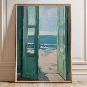 Saliegroene open raam strandprint | serene, sfeervolle kustmuurkunst | ontspannende poster met uitzicht op de oceaan | rustige minimalistische mediterrane inrichting