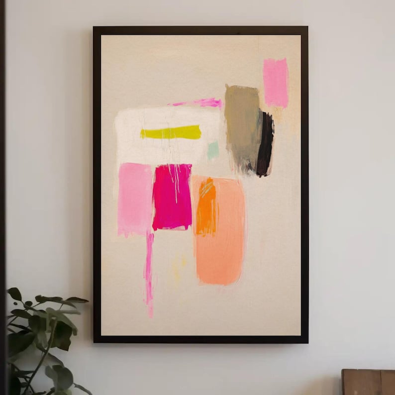 vibrant abstract wabi sabi art print | minimalist mid-century color field poster | boho modern Scandi inspired neon pink gallery wall art | contemporary color block print | modern abstract expressionist minimalist wall art | statement wall art | pink and earthy tones dopamine decor fine art print | peach wall art