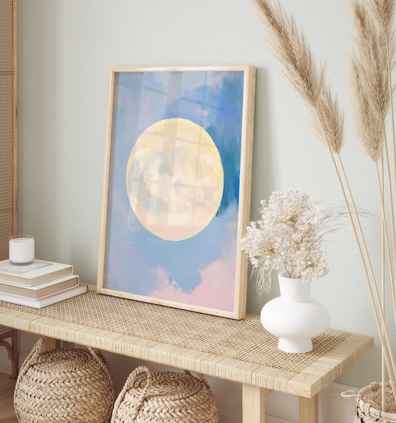 pastel moon art print | dreamy full moon painting | celestial wall decor | soft aesthetic boho minimalist decor | nursery art print | whimsical mystical full moon eclectic gallery wall art