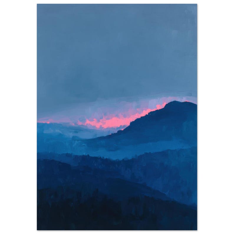 minimalist blue mountain landscape print | abstract dreamy sunset poster | blue & pink nursery decor | serene moody blue nature wall art | misty foggy mountain print | tranquil nature artwork