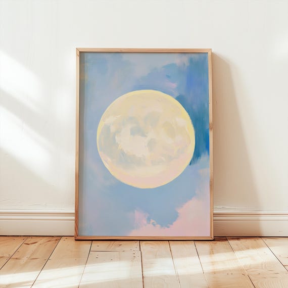 pastel moon poster | dreamy full moon painting | celestial wall decor | soft aesthetic boho minimalist decor | nursery art print
