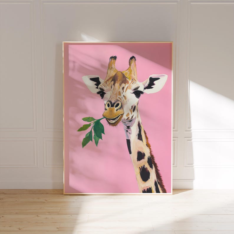 cute giraffe wall art | whimsical animal nursery decor | playful pink boho aesthetic | cool funny animal art print | kid's room wall art | preppy animal decor