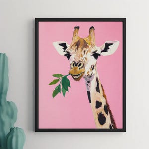 cute giraffe wall art | whimsical animal nursery decor | playful pink boho aesthetic | cool funny animal art print | kid's room wall art | preppy animal decor