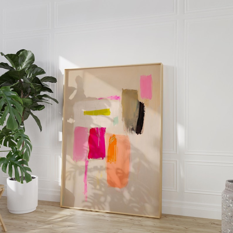 vibrant abstract wabi sabi art print | minimalist mid-century color field poster | boho modern Scandi inspired neon pink gallery wall art | contemporary color block print | modern abstract expressionist minimalist wall art | statement wall art | pink and earthy tones dopamine decor fine art print | peach wall art