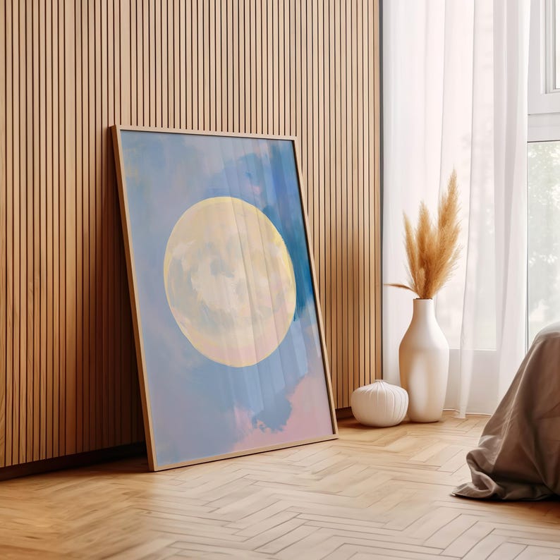 pastel moon art print | dreamy full moon painting | celestial wall decor | soft aesthetic boho minimalist decor | nursery art print | whimsical mystical full moon eclectic gallery wall art