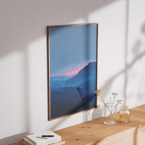 minimalist blue mountain landscape print | abstract dreamy sunset poster | blue & pink nursery decor | serene moody blue nature wall art | misty foggy mountain print | tranquil nature artwork