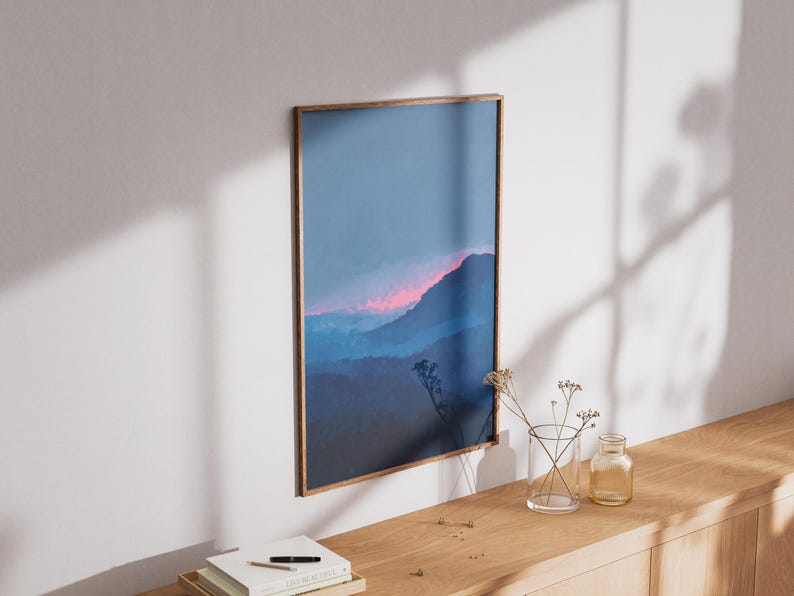 minimalist blue mountain landscape print | abstract dreamy sunset poster | blue & pink nursery decor | serene moody blue nature wall art | misty foggy mountain print | tranquil nature artwork