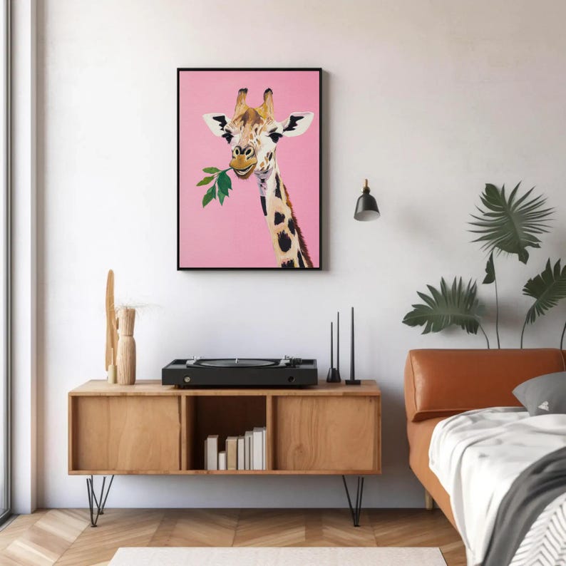 cute giraffe wall art | whimsical animal nursery decor | playful pink boho aesthetic | cool funny animal art print | kid's room wall art | preppy animal decor