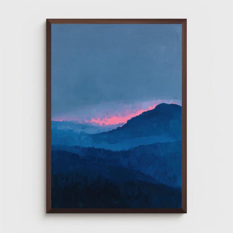minimalist blue mountain landscape print | abstract dreamy sunset poster | blue & pink nursery decor | serene moody blue nature wall art | misty foggy mountain print | tranquil nature artwork