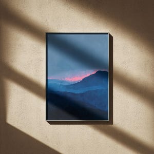 minimalist blue mountain landscape print | abstract dreamy sunset poster | blue & pink nursery decor | serene moody blue nature wall art | misty foggy mountain print | tranquil nature artwork
