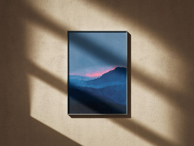 minimalist blue mountain landscape print | abstract dreamy sunset poster | blue & pink nursery decor | serene moody blue nature wall art | misty foggy mountain print | tranquil nature artwork