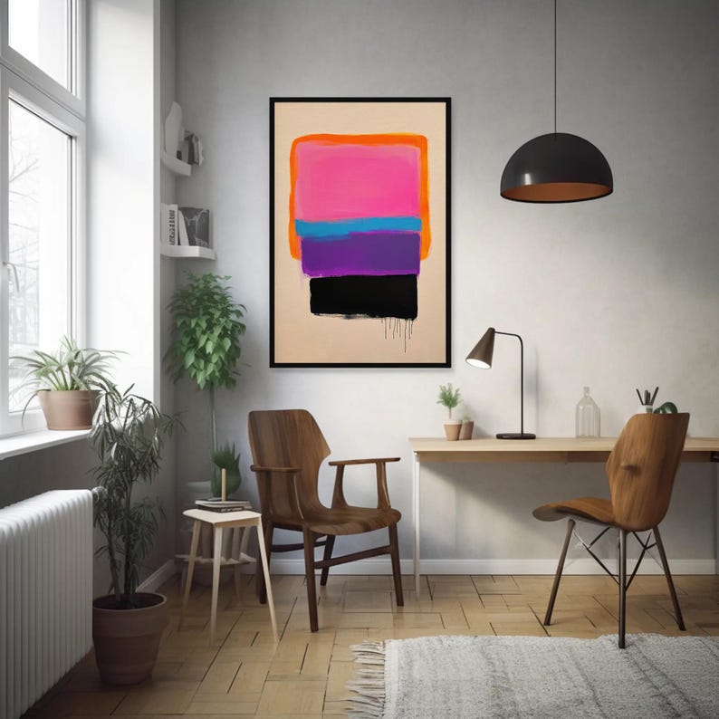modern minimalist abstract wall art | color block painting | bold neon pink & orange artwork | contemporary vibrant decor | color gradient art | purple wall art | mid-century wall art | retro print