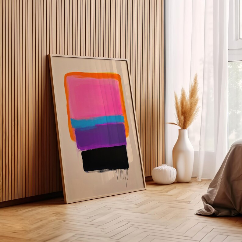 modern minimalist abstract wall art | color block painting | bold neon pink & orange artwork | contemporary vibrant decor | color gradient art | purple wall art | mid-century wall art | retro print