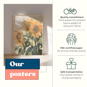 Pu&ograve; includere: Una stampa incorniciata di un dipinto ad acquerello di girasoli. La stampa &egrave; su carta spessa e viene fornita in un imballaggio robusto. Il testo "Our posters" &egrave; nell'angolo in basso a sinistra dell'immagine.