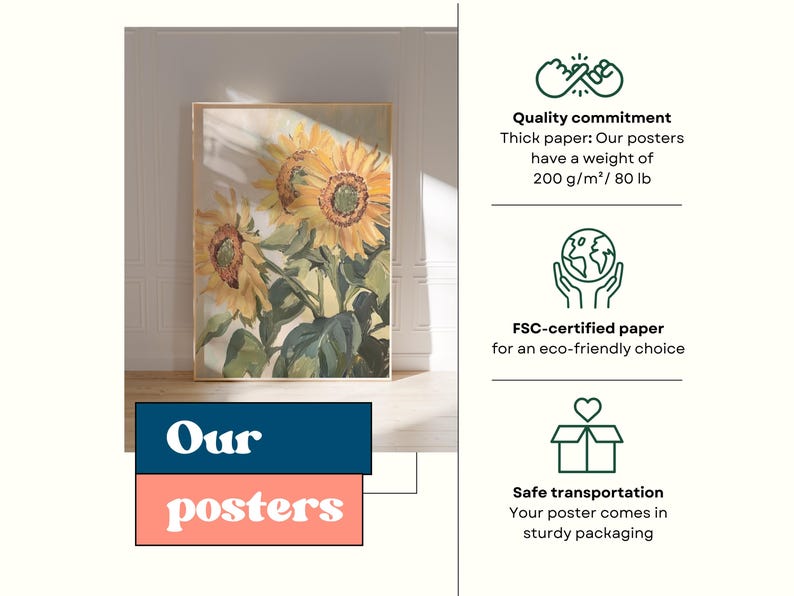 Pu&ograve; includere: Una stampa incorniciata di un dipinto ad acquerello di girasoli. La stampa &egrave; su carta spessa e viene fornita in un imballaggio robusto. Il testo "Our posters" &egrave; nell'angolo in basso a sinistra dell'immagine.