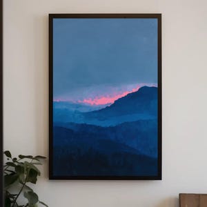 minimalist blue mountain landscape print | abstract dreamy sunset poster | blue & pink nursery decor | serene moody blue nature wall art | misty foggy mountain print | tranquil nature artwork