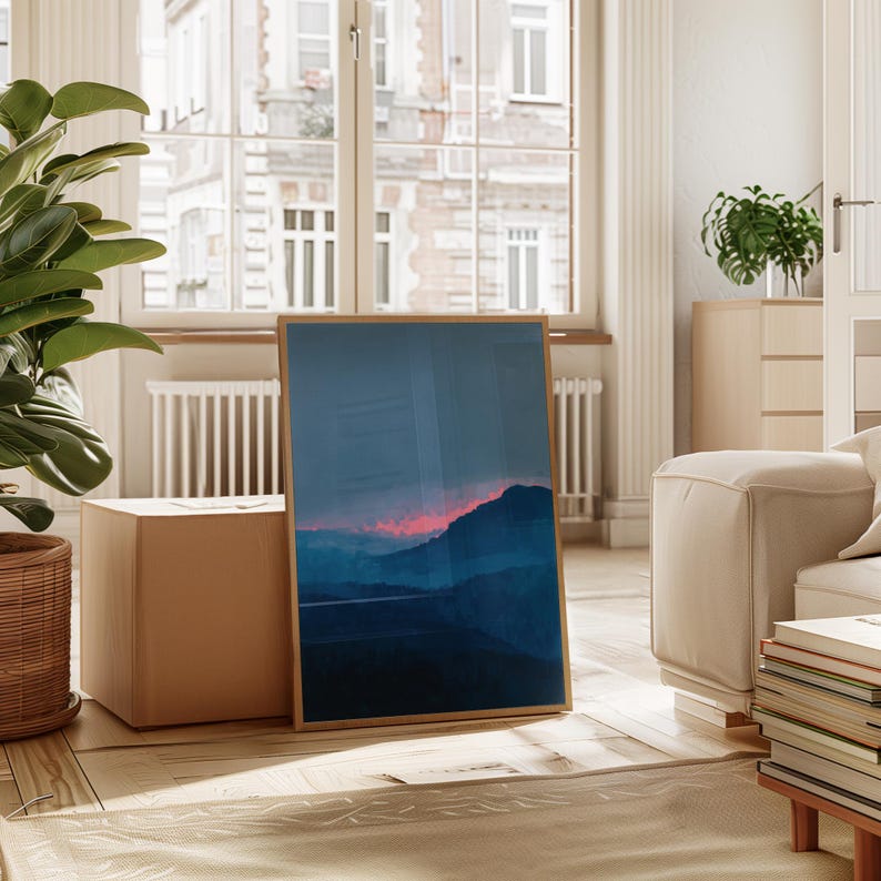 minimalist blue mountain landscape print | abstract dreamy sunset poster | blue & pink nursery decor | serene moody blue nature wall art | misty foggy mountain print | tranquil nature artwork