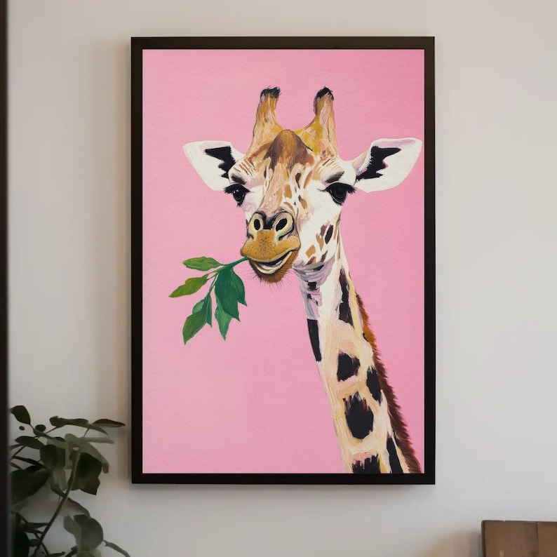 cute giraffe wall art | whimsical animal nursery decor | playful pink boho aesthetic | cool funny animal art print | kid's room wall art | preppy animal decor