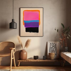 modern minimalist abstract wall art | color block painting | bold neon pink & orange artwork | contemporary vibrant decor | color gradient art | purple wall art | mid-century wall art | retro print