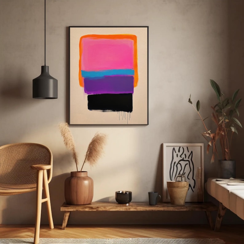 modern minimalist abstract wall art | color block painting | bold neon pink & orange artwork | contemporary vibrant decor | color gradient art | purple wall art | mid-century wall art | retro print