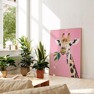 cute giraffe wall art | whimsical animal nursery decor | playful pink boho aesthetic | cool funny animal art print | kid's room wall art | preppy animal decor