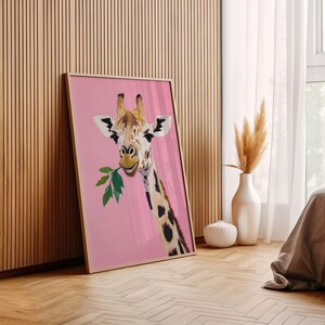 cute giraffe wall art | whimsical animal nursery decor | playful pink boho aesthetic | cool funny animal art print | kid's room wall art | preppy animal decor