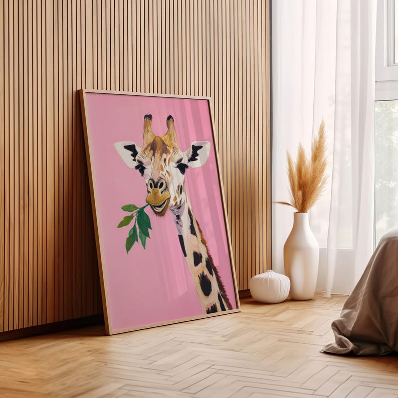 cute giraffe wall art | whimsical animal nursery decor | playful pink boho aesthetic | cool funny animal art print | kid's room wall art | preppy animal decor