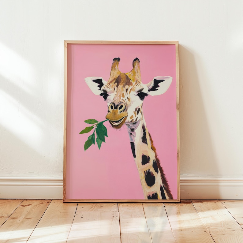 cute giraffe wall art | whimsical animal nursery decor | playful pink boho aesthetic | cool funny animal art print | kid's room wall art | preppy animal decor