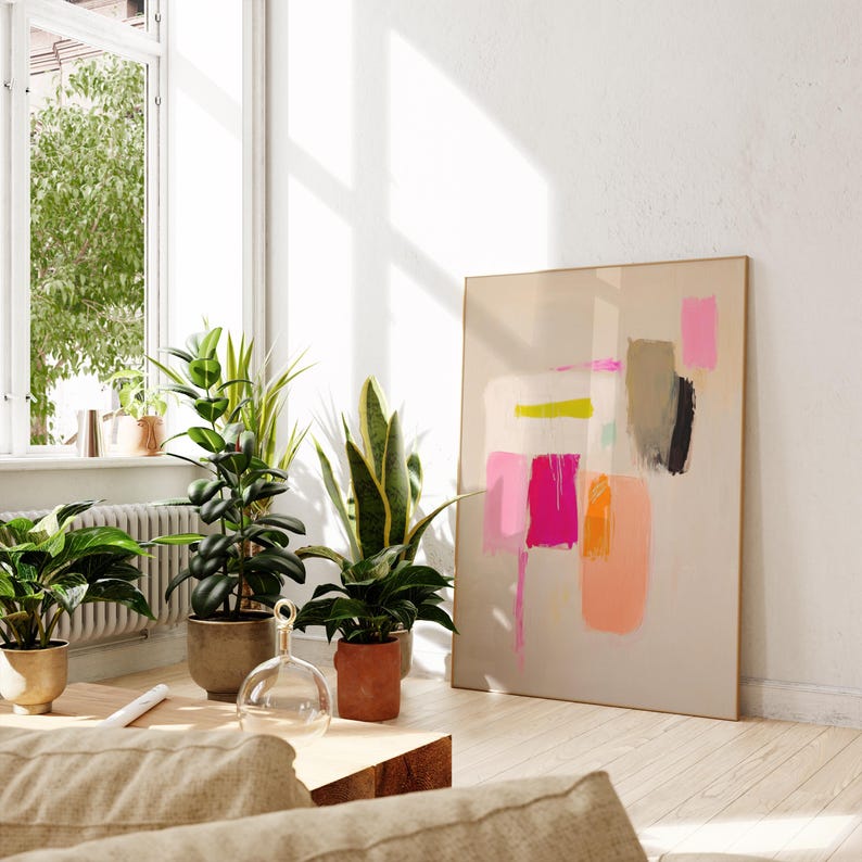 vibrant abstract wabi sabi art print | minimalist mid-century color field poster | boho modern Scandi inspired neon pink gallery wall art | contemporary color block print | modern abstract expressionist minimalist wall art | statement wall art | pink and earthy tones dopamine decor fine art print | peach wall art