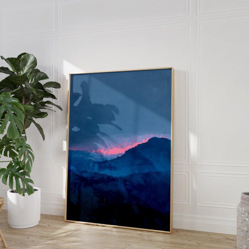 minimalist blue mountain landscape print | abstract dreamy sunset poster | blue & pink nursery decor | serene moody blue nature wall art | misty foggy mountain print | tranquil nature artwork