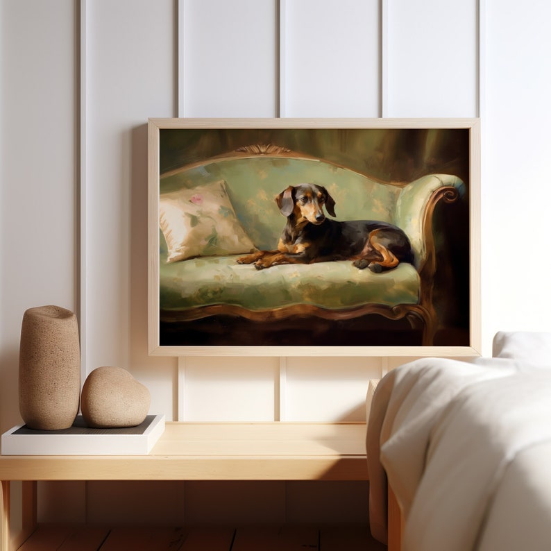 dachshund poster - vintage dog on sofa art print horizontal