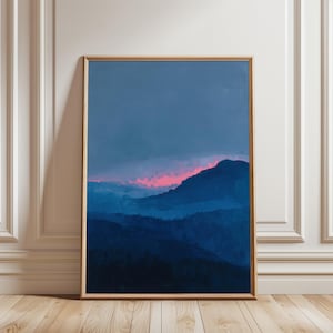 minimalist blue mountain landscape print | abstract dreamy sunset poster | blue & pink nursery decor | serene moody blue nature wall art | misty foggy mountain print | tranquil nature artwork